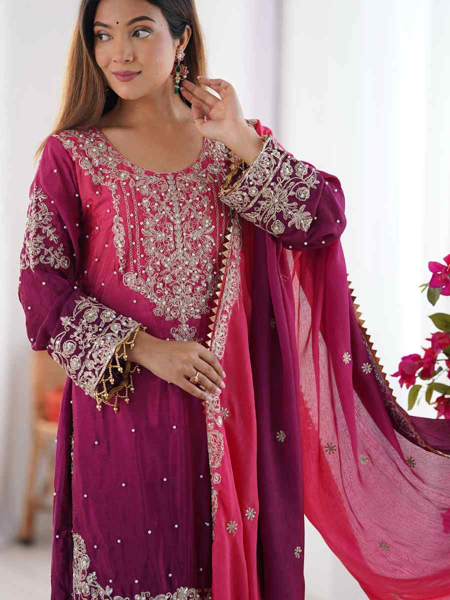 Multi Chinon Silk Embroidered Festival Casual Ready Sharara Pant Salwar Kameez