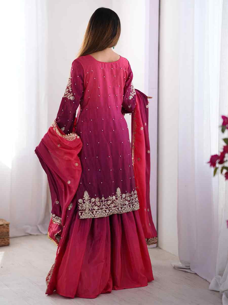 Multi Chinon Silk Embroidered Festival Casual Ready Sharara Pant Salwar Kameez