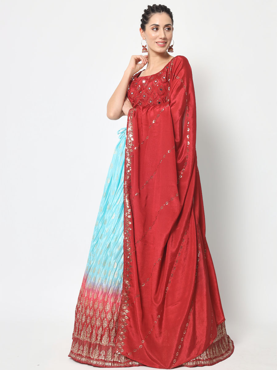 Multi Chinon Silk Embroidered Festival Party Wear Heavy Border Lehenga Choli