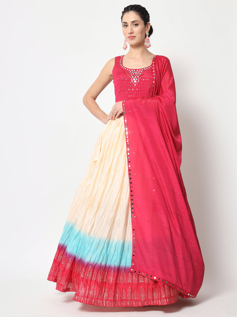 Multi Chinon Silk Embroidered Festival Party Wear Heavy Border Lehenga Choli