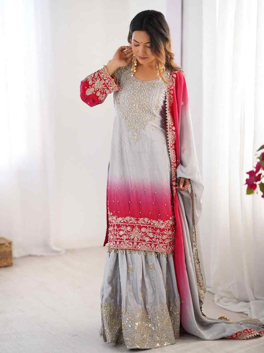Multi Chinon Silk Embroidered Party Wedding Ready Sharara Pant Salwar Kameez