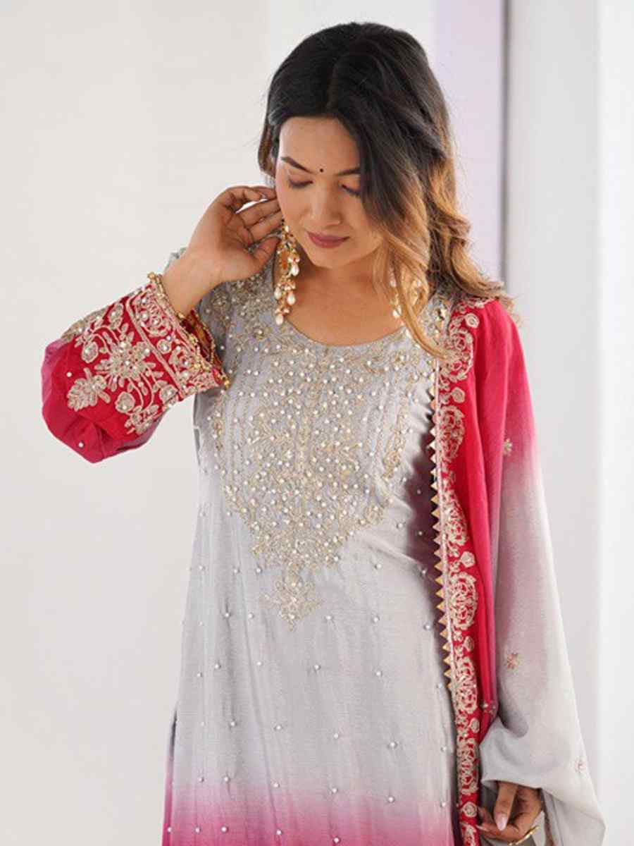 Multi Chinon Silk Embroidered Party Wedding Ready Sharara Pant Salwar Kameez