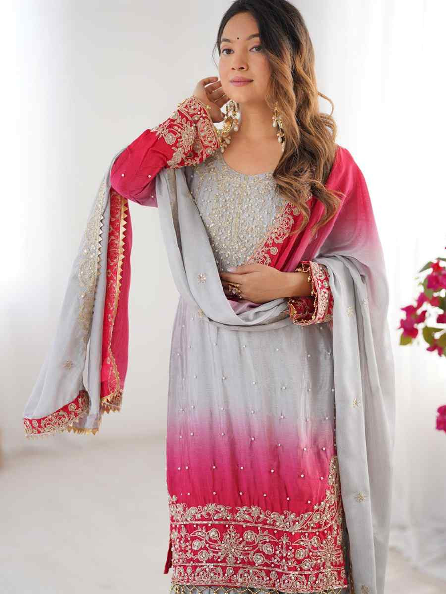 Multi Chinon Silk Embroidered Party Wedding Ready Sharara Pant Salwar Kameez