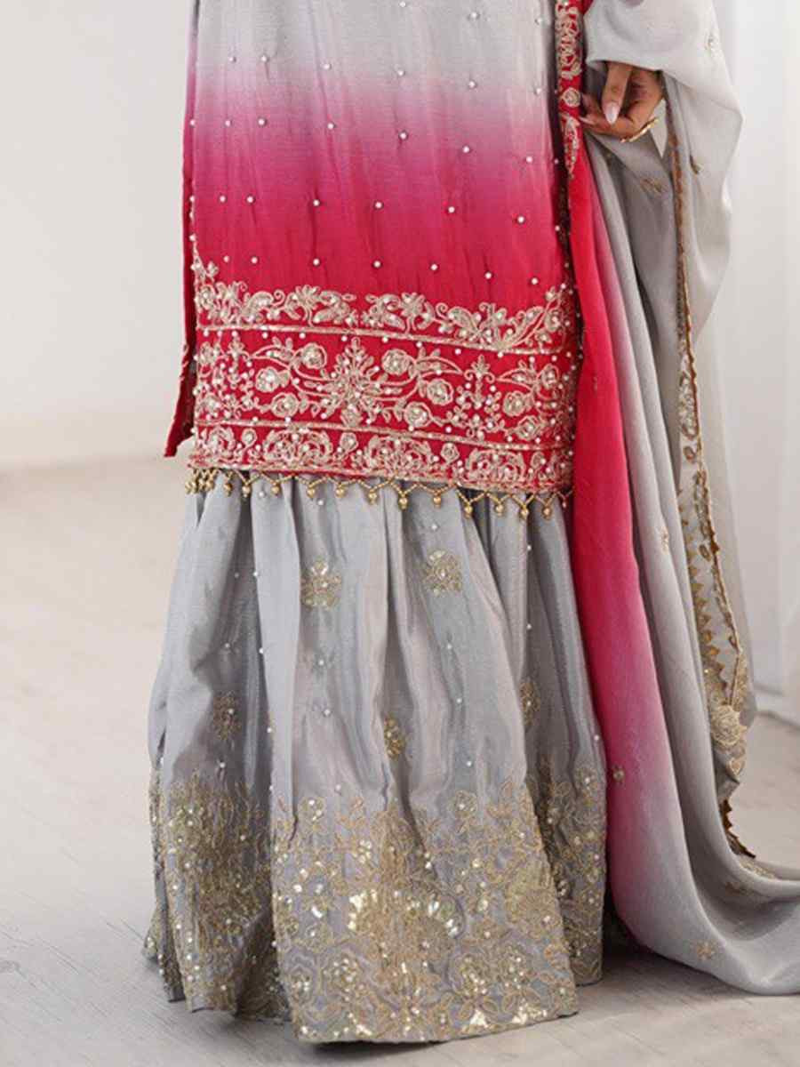 Multi Chinon Silk Embroidered Party Wedding Ready Sharara Pant Salwar Kameez