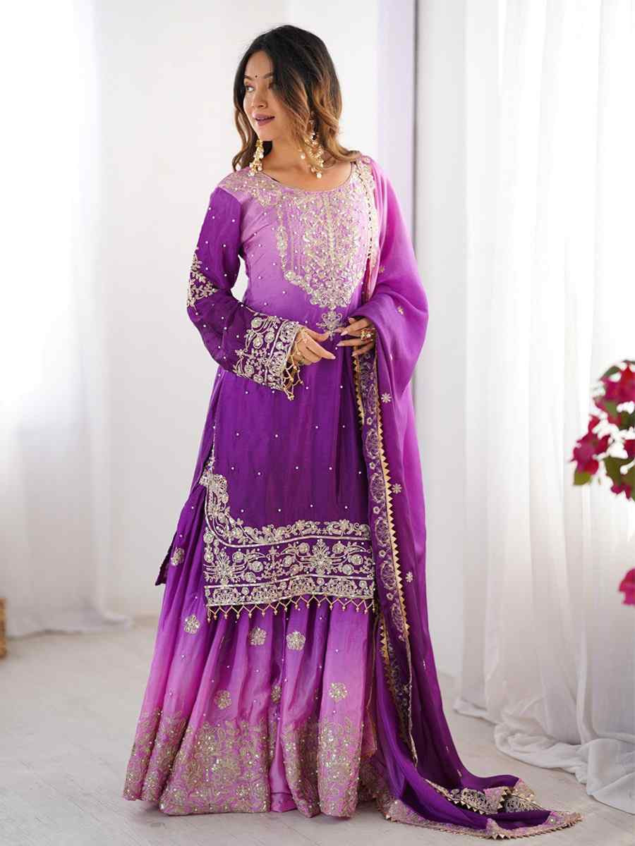 Multi Chinon Silk Embroidered Party Wedding Ready Sharara Pant Salwar Kameez