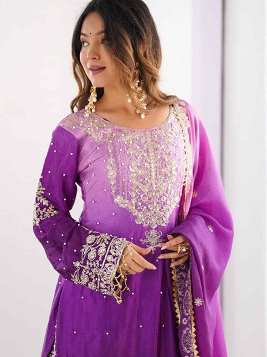 Multi Chinon Silk Embroidered Party Wedding Ready Sharara Pant Salwar Kameez