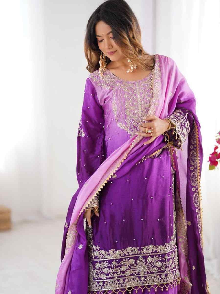 Multi Chinon Silk Embroidered Party Wedding Ready Sharara Pant Salwar Kameez