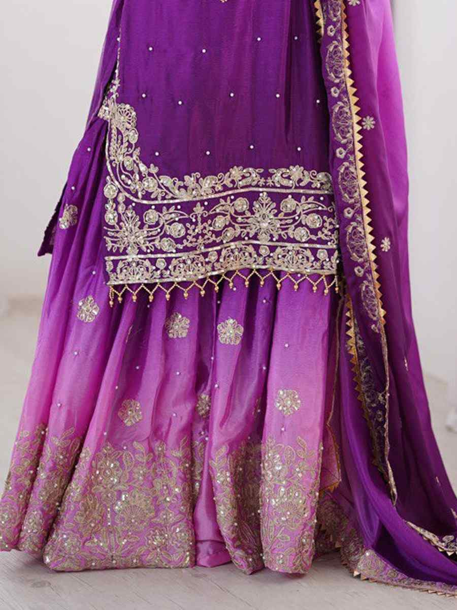 Multi Chinon Silk Embroidered Party Wedding Ready Sharara Pant Salwar Kameez