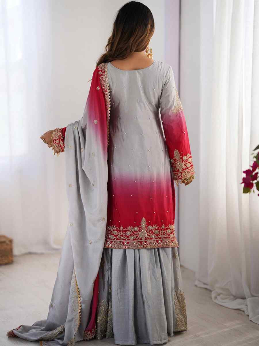 Multi Chinon Silk Embroidered Party Wedding Ready Sharara Pant Salwar Kameez