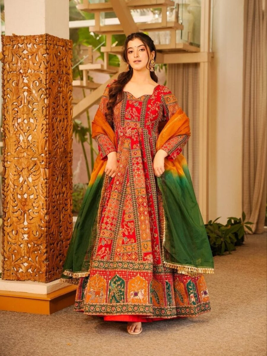 Multi Chinon Silk Printed Wedding Party Festival Casual Ready Gown Women Wear