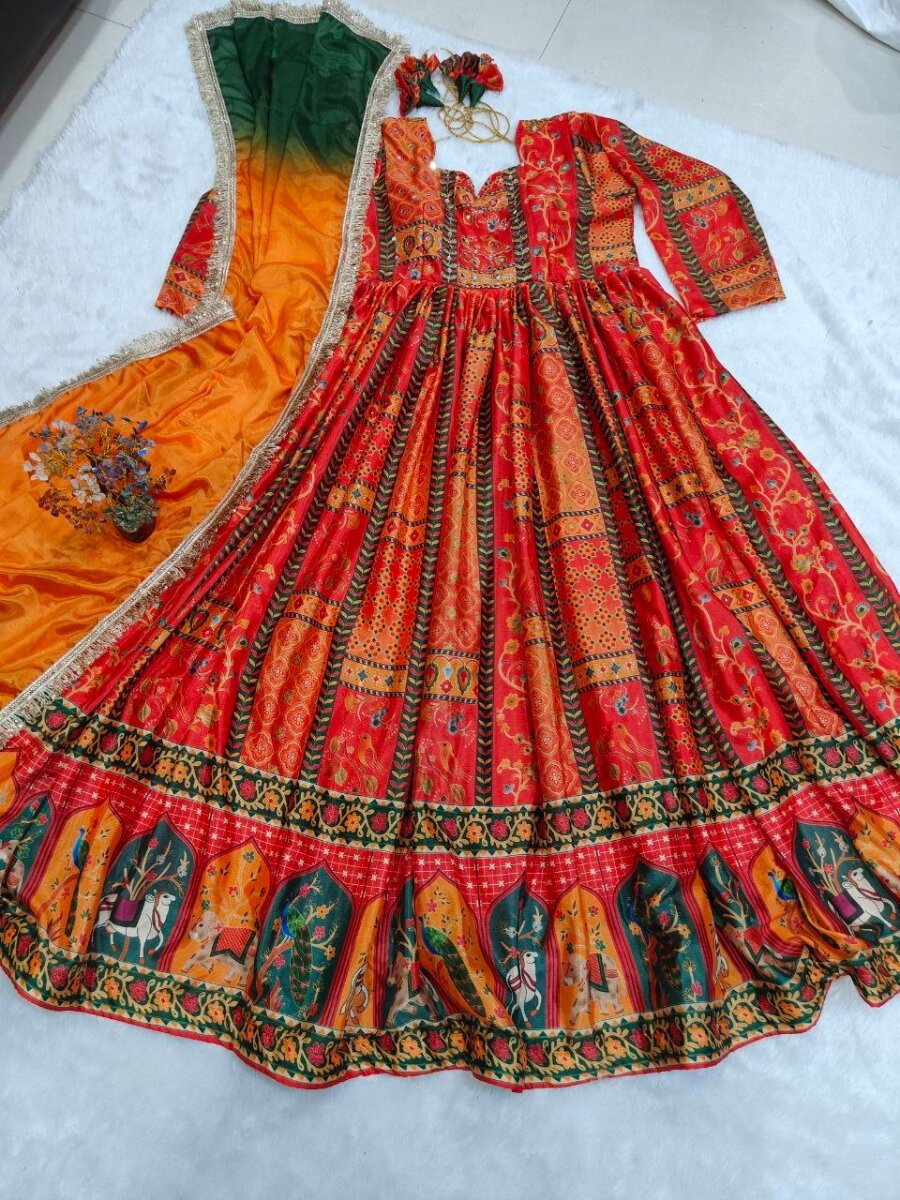 Multi Chinon Silk Printed Wedding Party Festival Casual Ready Gown Women Wear