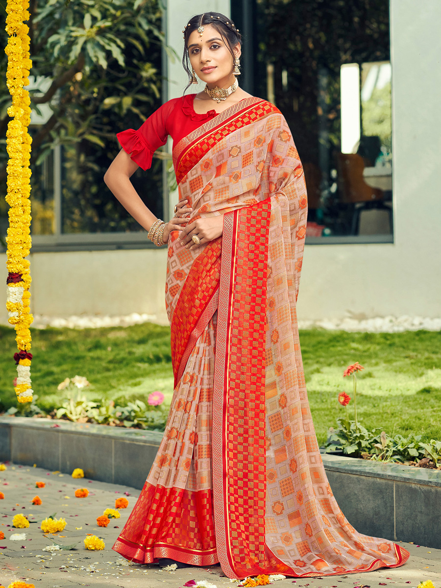 Multi Color Chiffon Brasso Printed Festival Saree