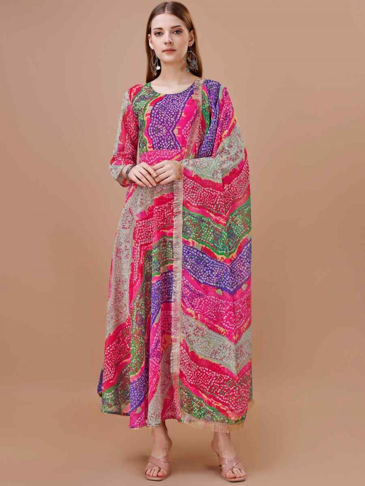 Multi Color Faux Georgette Printed Festival Party Gown