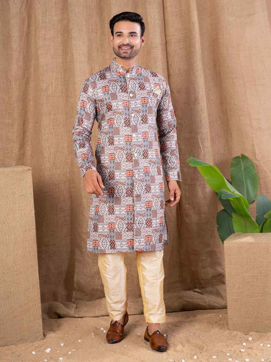 Multi Color Printed Cotton Silk Embroidery Festival Wedding Party Mens Kurta