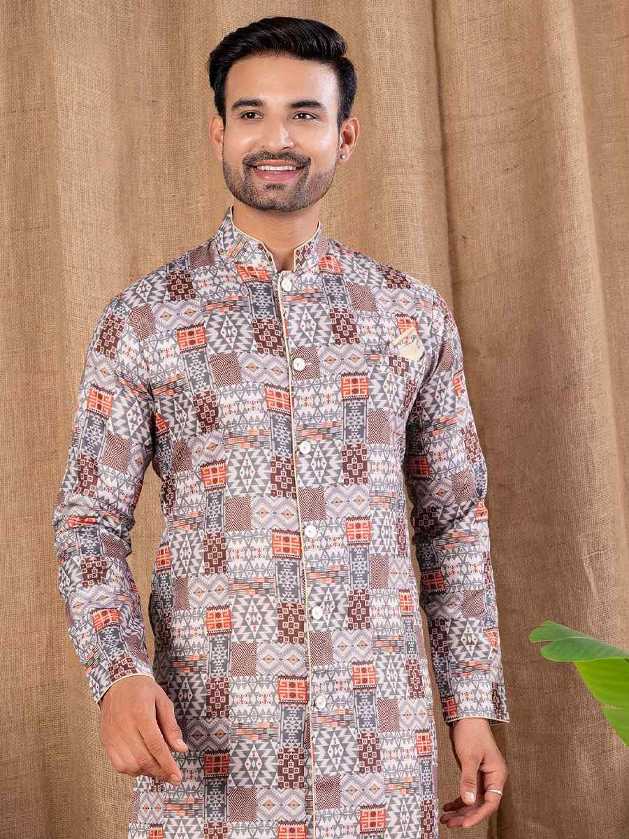 Multi Color Printed Cotton Silk Embroidery Festival Wedding Party Mens Kurta