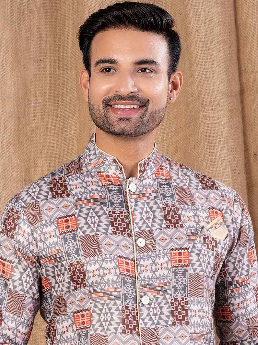 Multi Color Printed Cotton Silk Embroidery Festival Wedding Party Mens Kurta
