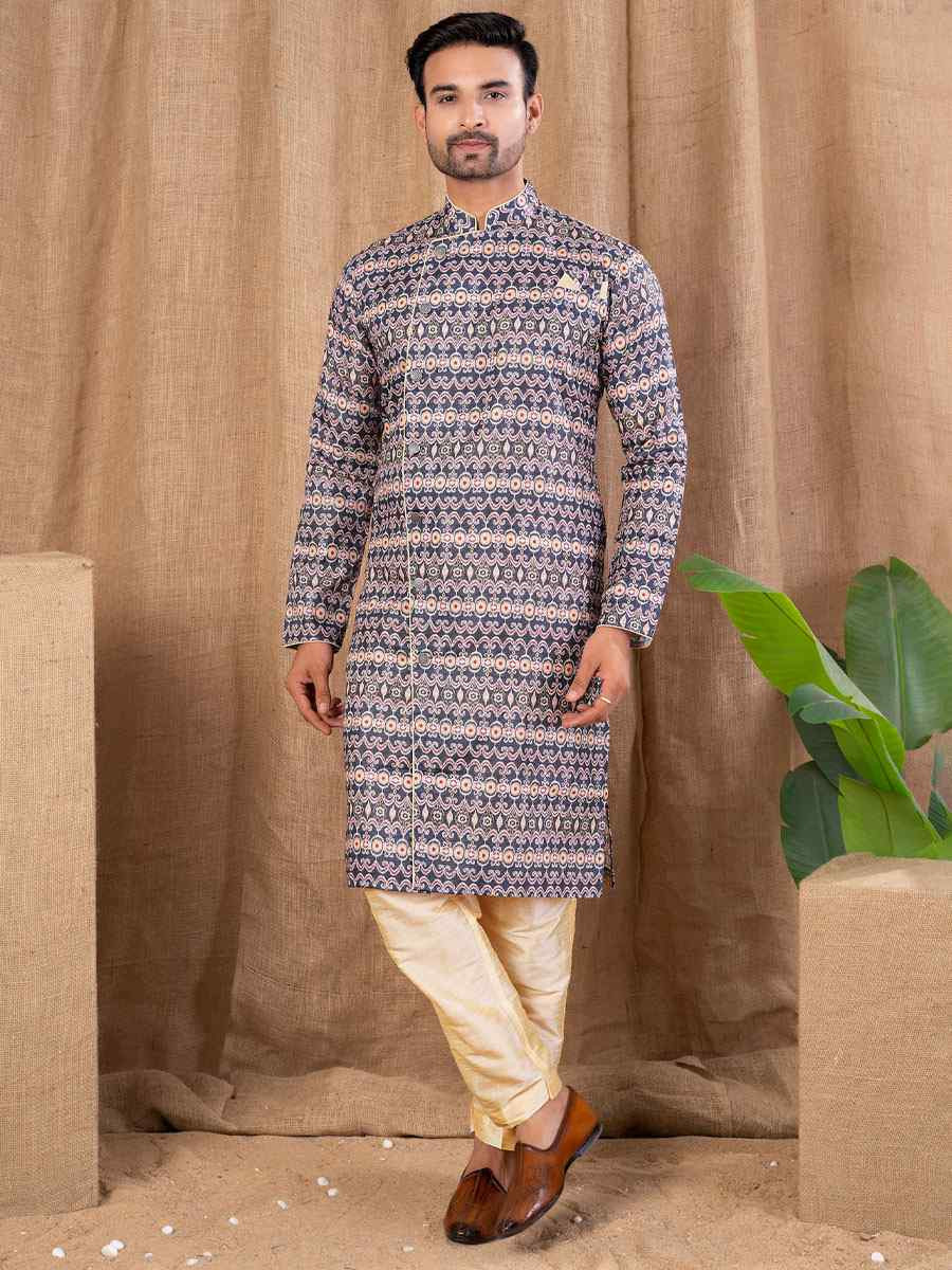 Multi Color Printed Cotton Silk Embroidery Festival Wedding Party Mens Kurta