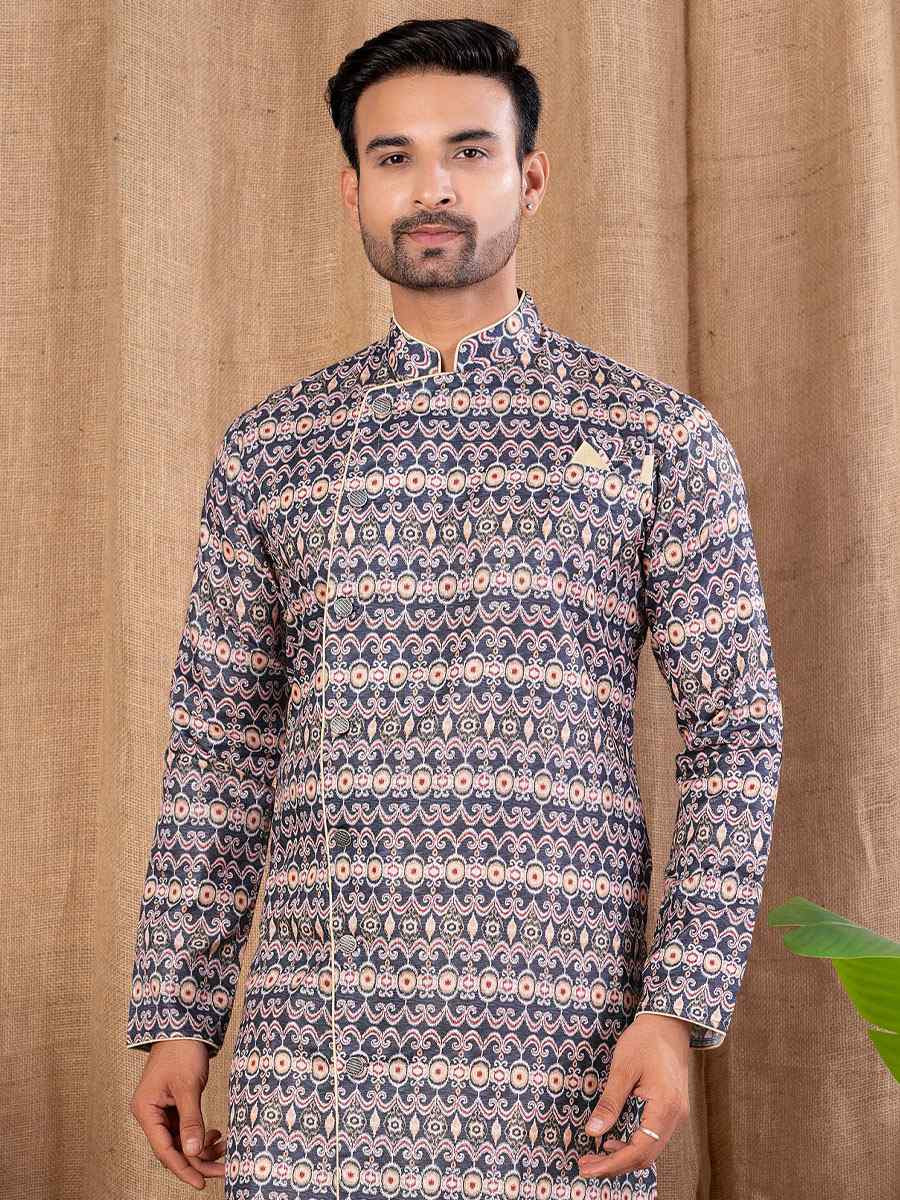 Multi Color Printed Cotton Silk Embroidery Festival Wedding Party Mens Kurta