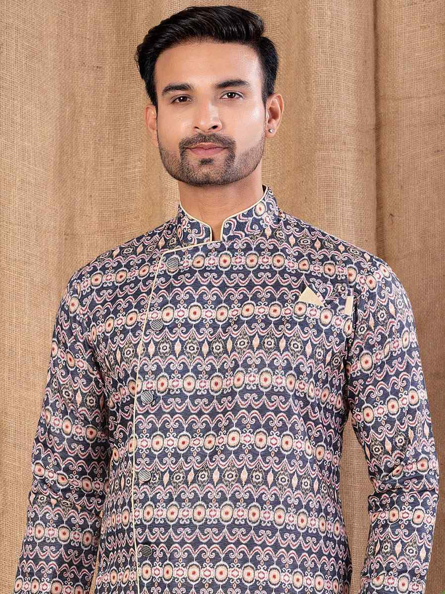 Multi Color Printed Cotton Silk Embroidery Festival Wedding Party Mens Kurta