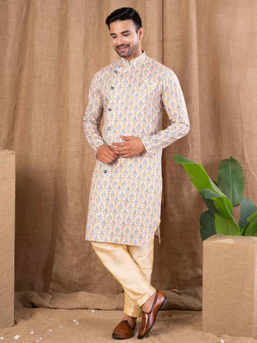 Multi Color Printed Cotton Silk Embroidery Festival Wedding Party Mens Kurta