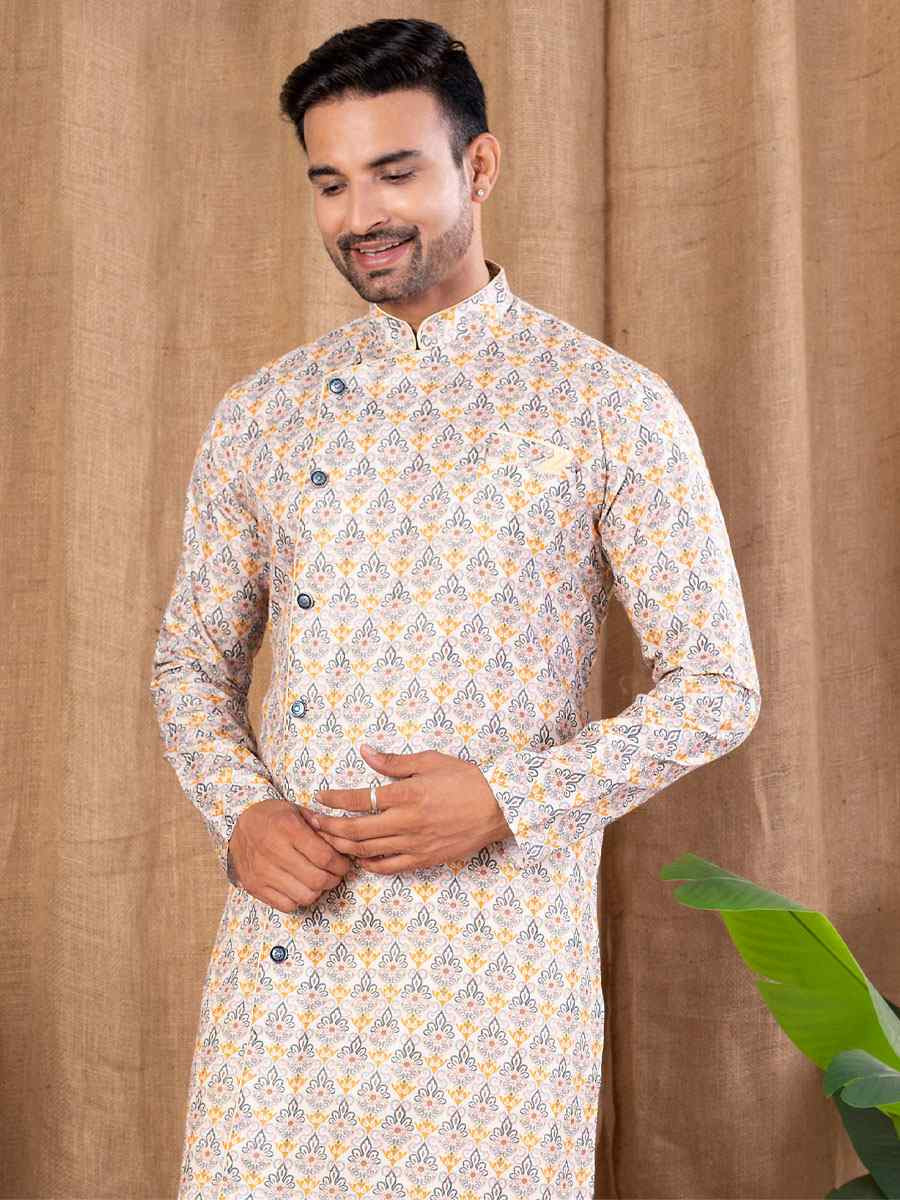 Multi Color Printed Cotton Silk Embroidery Festival Wedding Party Mens Kurta