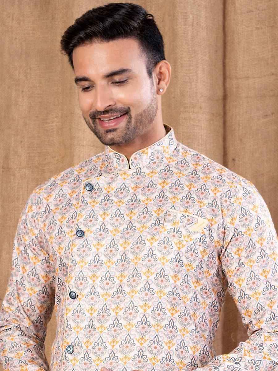 Multi Color Printed Cotton Silk Embroidery Festival Wedding Party Mens Kurta