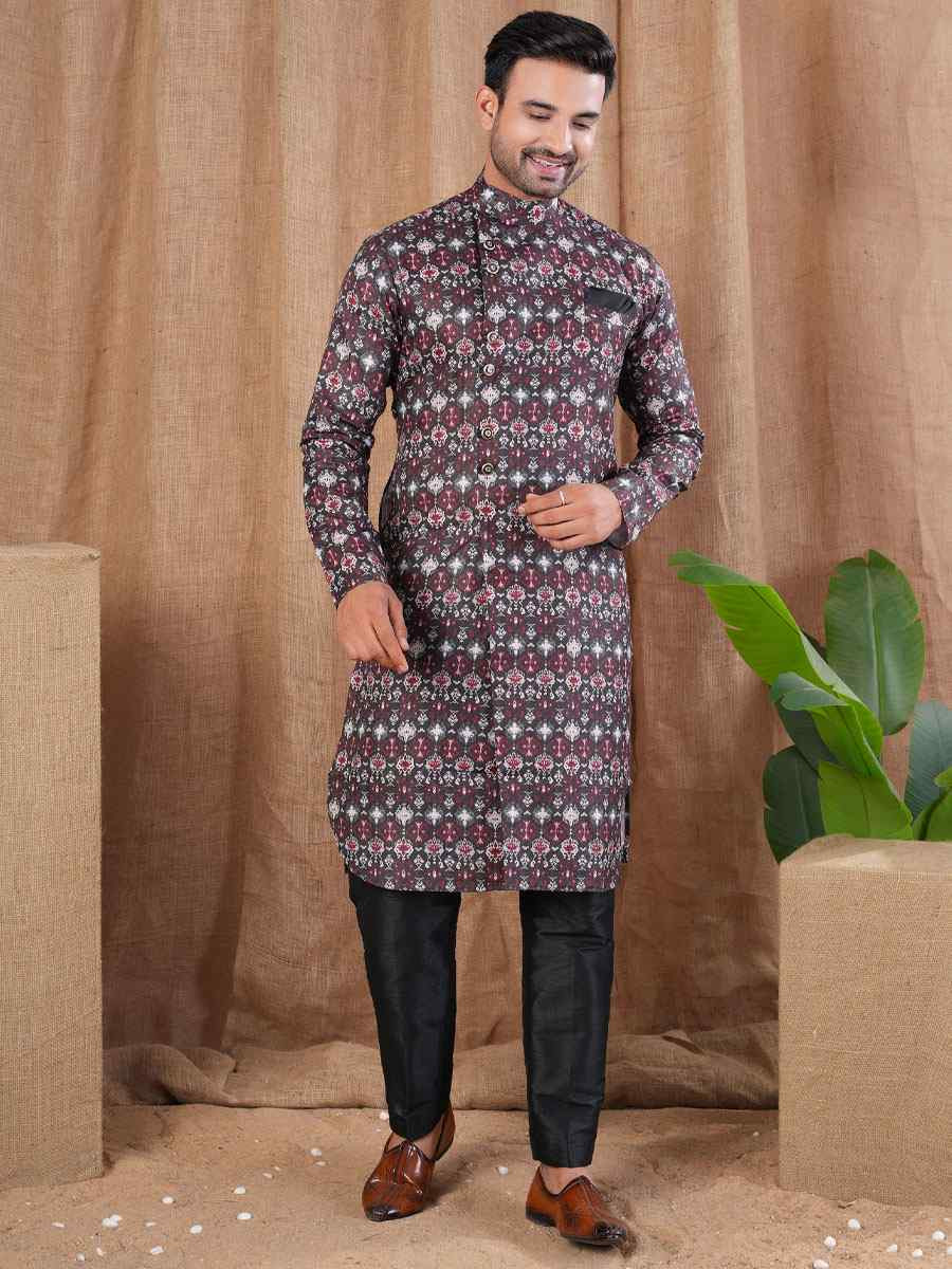Multi Color Printed Cotton Silk Embroidery Festival Wedding Party Mens Kurta