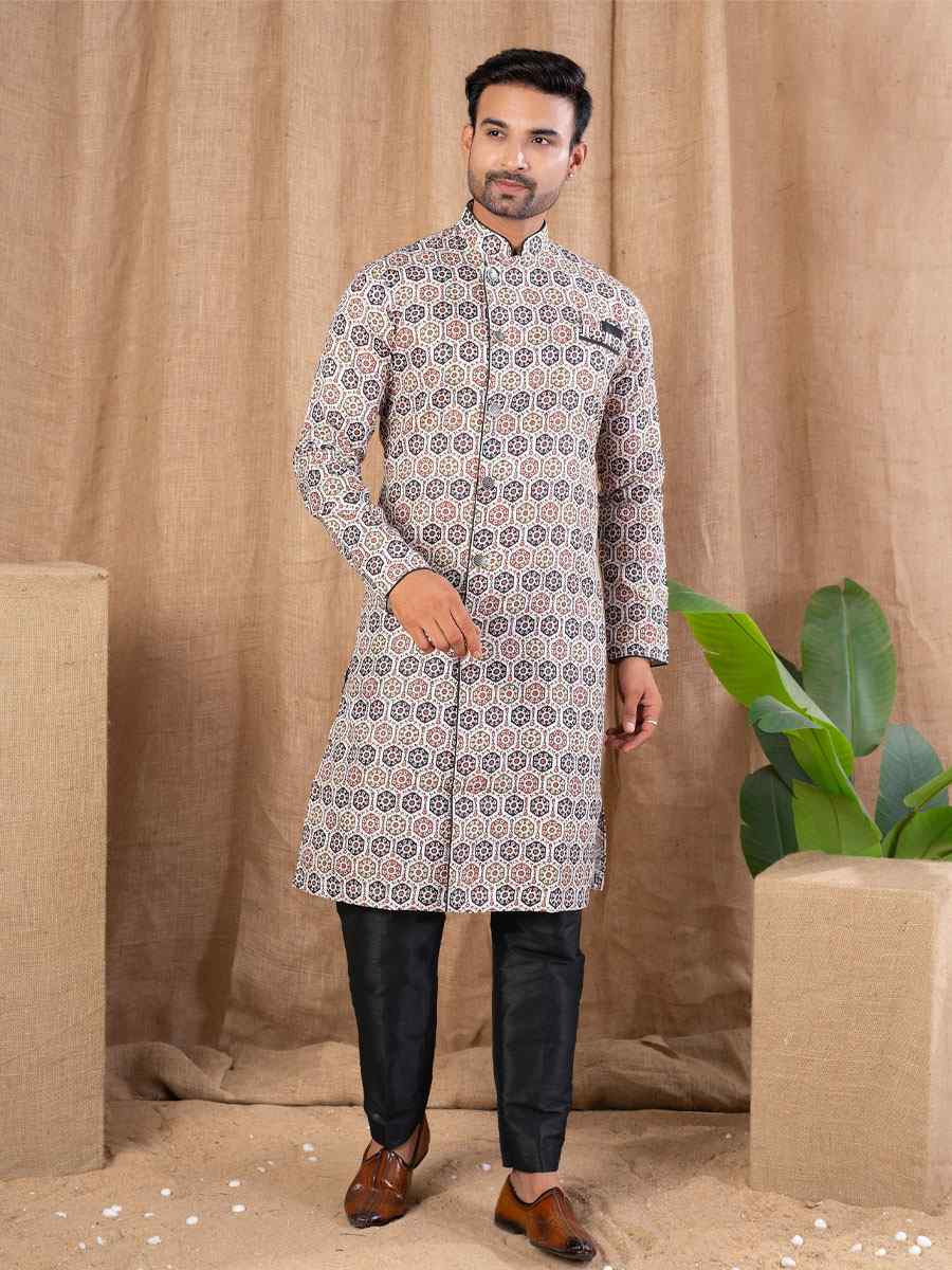 Multi Color Printed Cotton Silk Embroidery Festival Wedding Party Mens Kurta