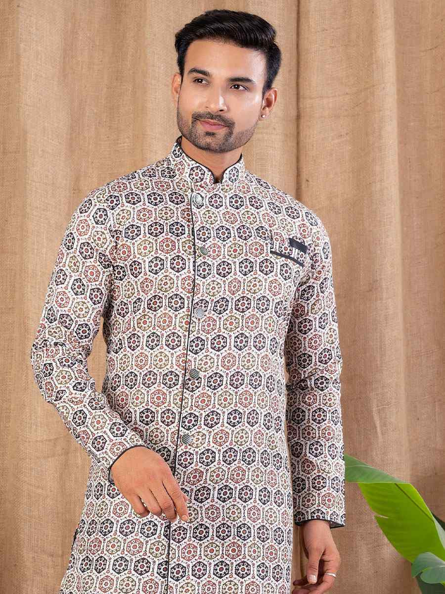 Multi Color Printed Cotton Silk Embroidery Festival Wedding Party Mens Kurta