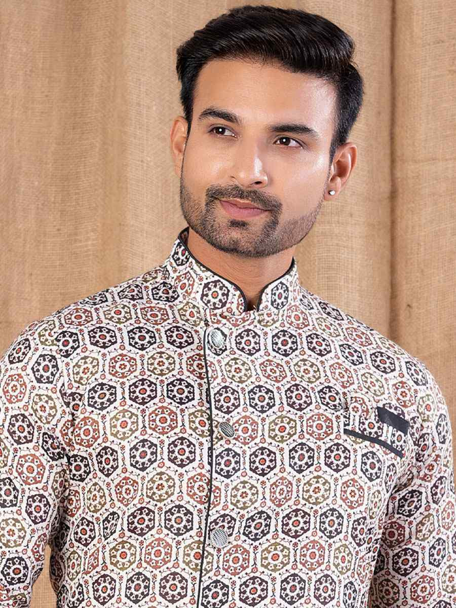 Multi Color Printed Cotton Silk Embroidery Festival Wedding Party Mens Kurta