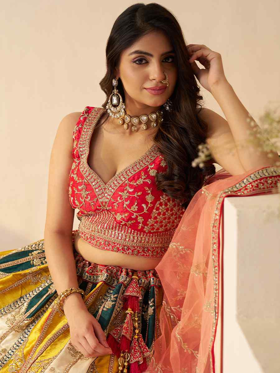 Multi color Silk Embroidered Wedding Bridesmaid Heavy Border Lehenga Choli