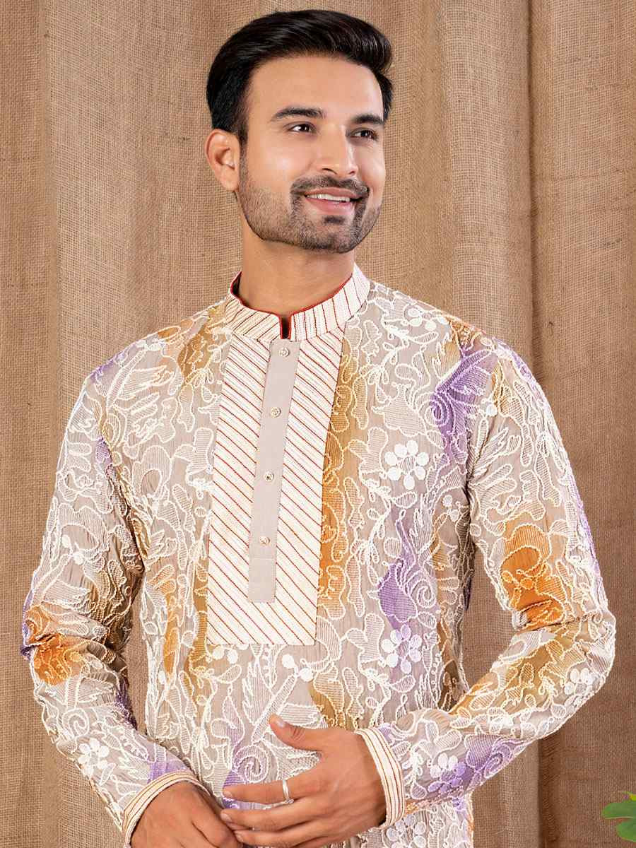 Multi Color Silk Embroidery Festival Wedding Party Mens Kurta