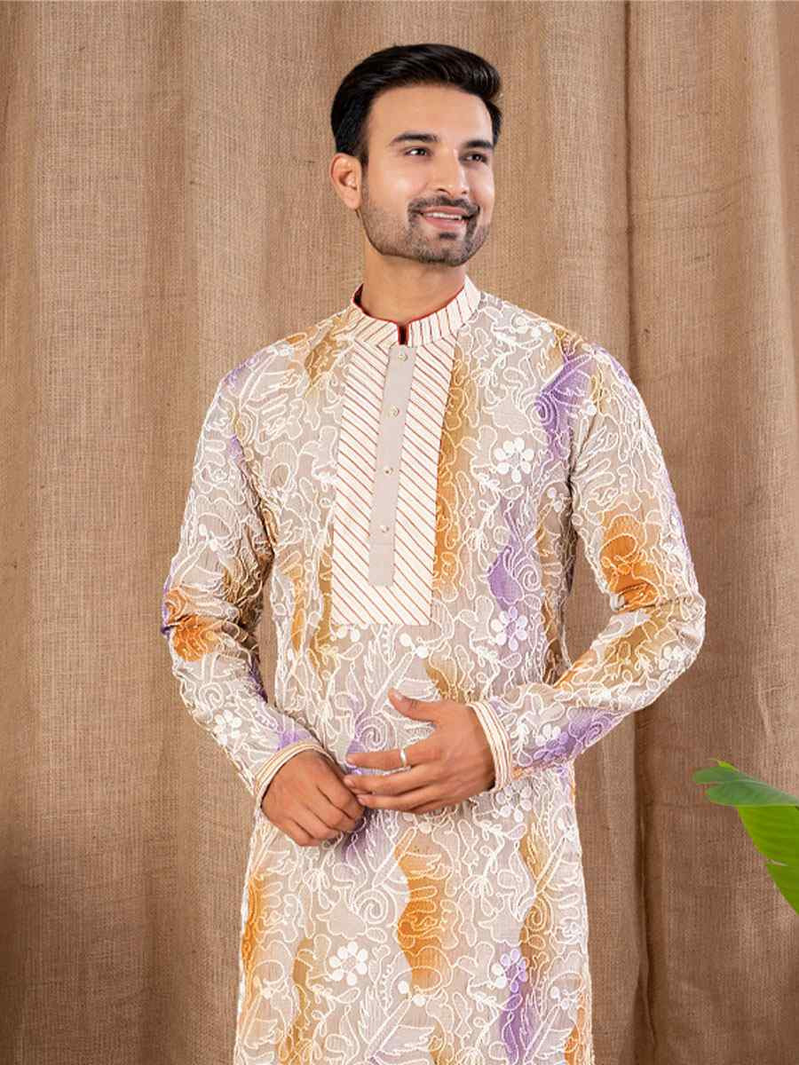 Multi Color Silk Embroidery Festival Wedding Party Mens Kurta