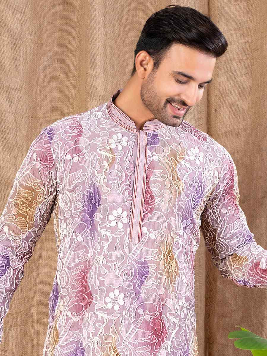 Multi Color Silk Embroidery Festival Wedding Party Mens Kurta