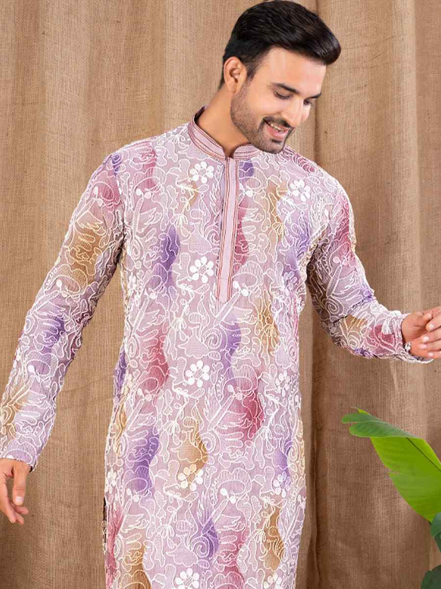 Multi Color Silk Embroidery Festival Wedding Party Mens Kurta