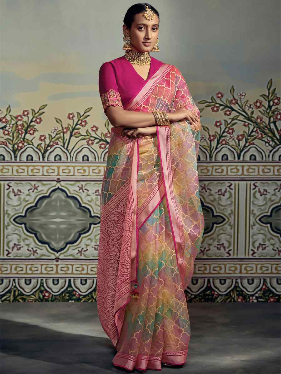 Multi Color Soft Brasso Embroidered Festival Party Heavy Border Saree