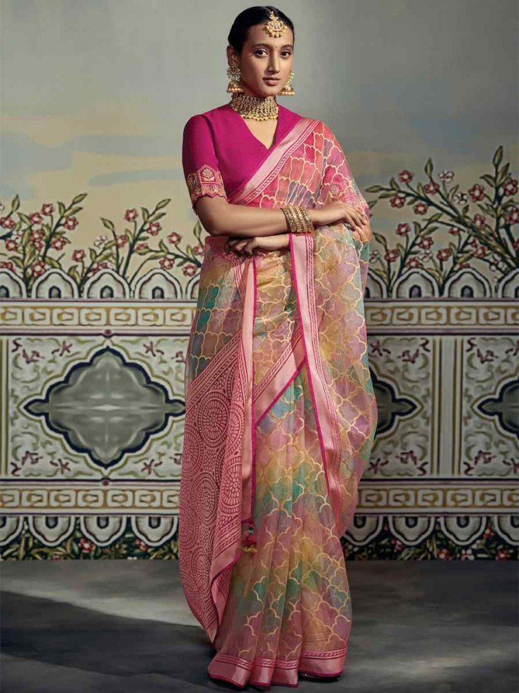 Multi Color Soft Brasso Embroidered Festival Party Heavy Border Saree