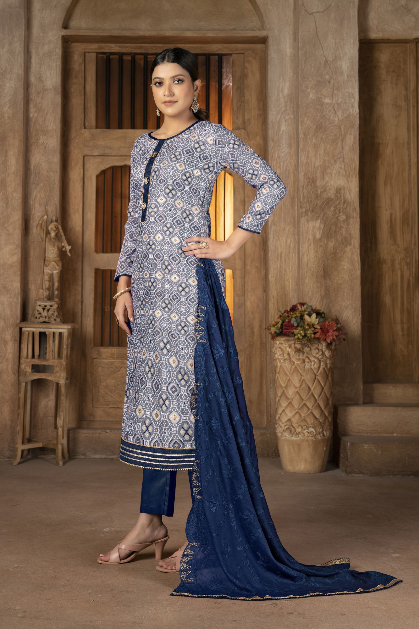 Multi-Colored Cambric Cotton Embroidered Party  Festival Pant Salwar Kameez