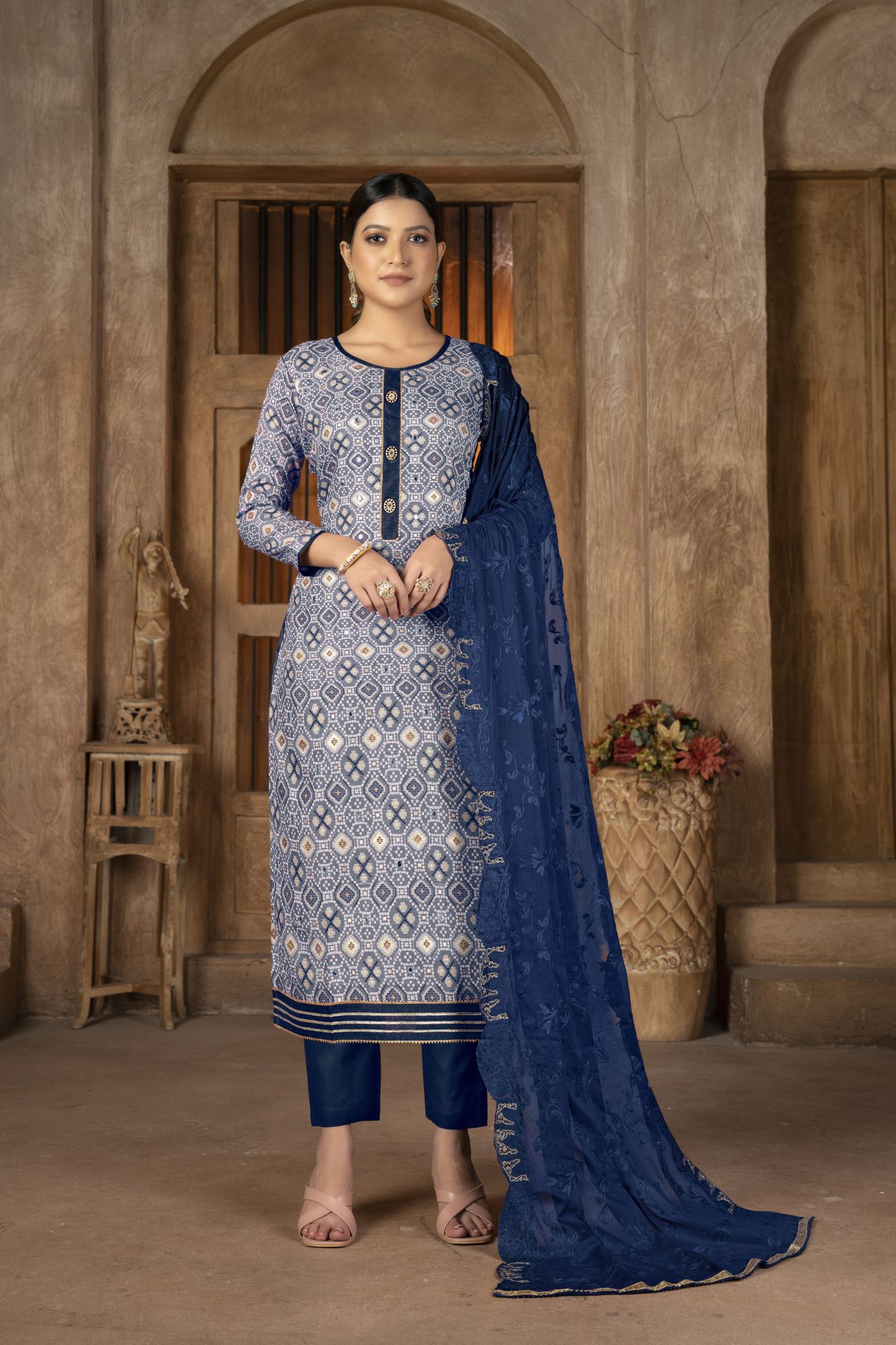 Multi-Colored Cambric Cotton Embroidered Party  Festival Pant Salwar Kameez