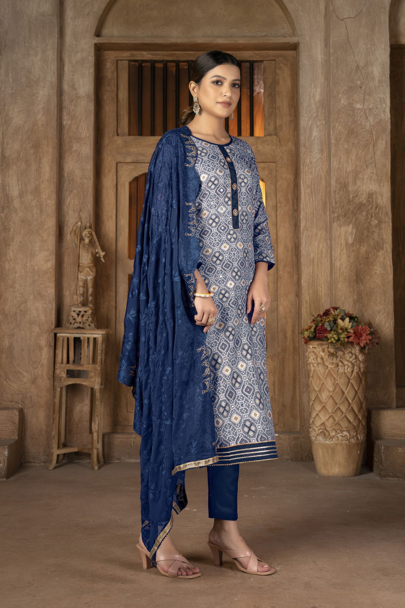 Multi-Colored Cambric Cotton Embroidered Party  Festival Pant Salwar Kameez