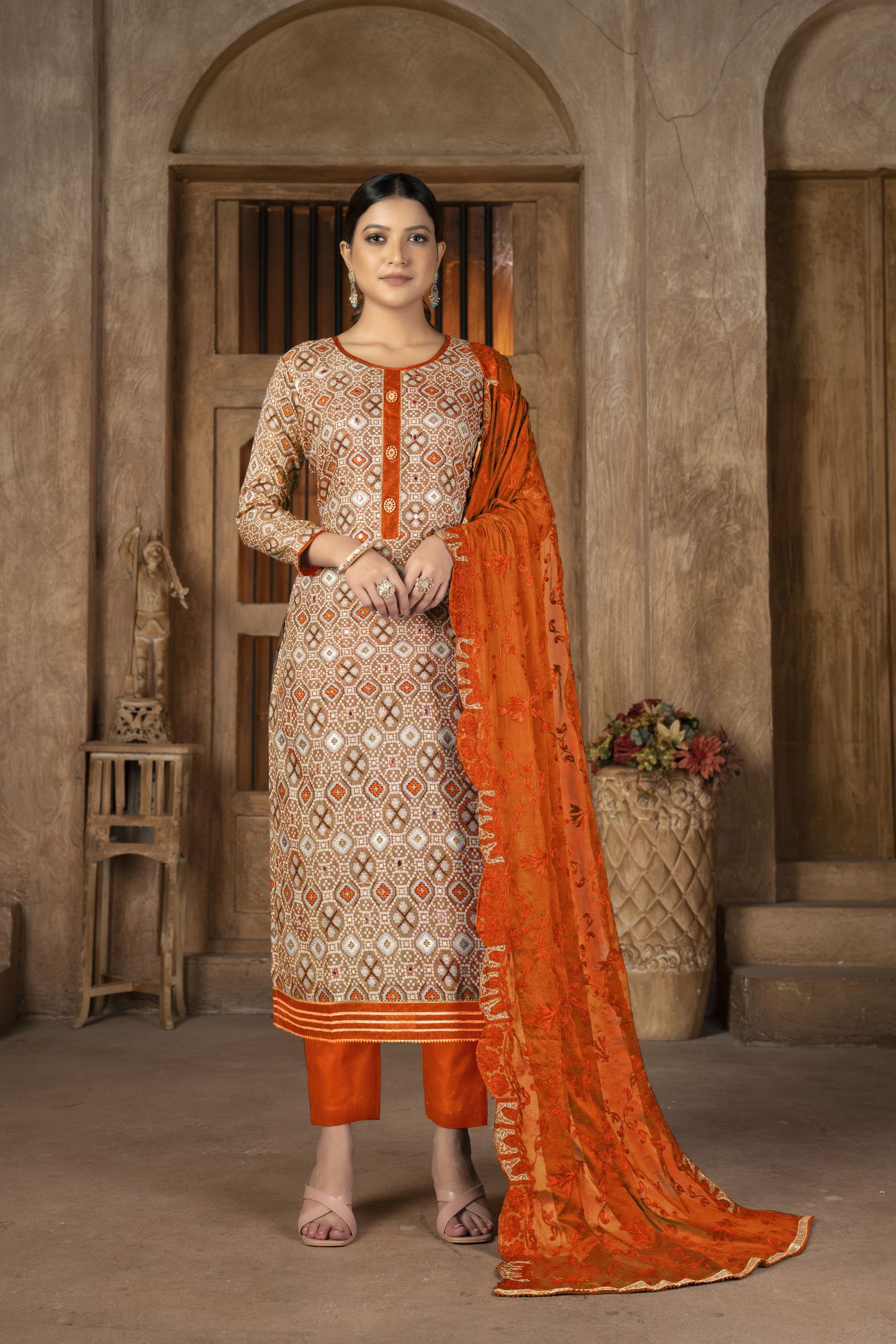 Multi-Colored Cambric Cotton Embroidered Party  Festival Pant Salwar Kameez