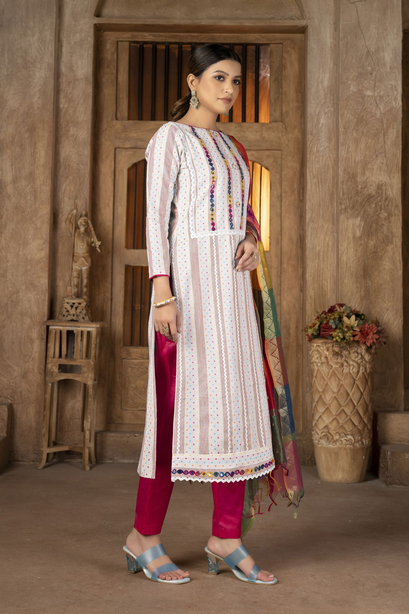 Multi-Colored Cambric Cotton Embroidered Party Festival Pant Salwar Kameez