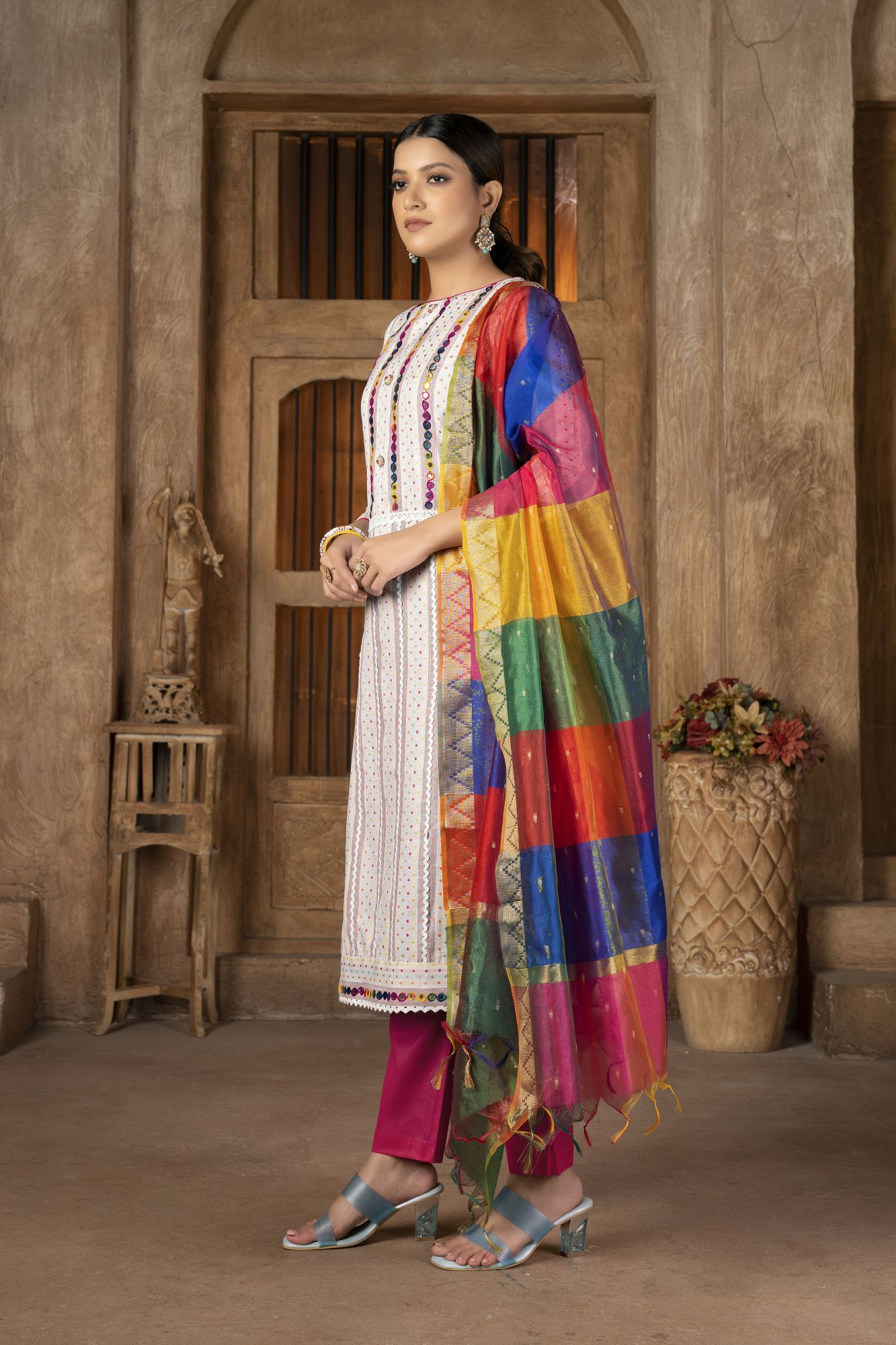 Multi-Colored Cambric Cotton Embroidered Party Festival Pant Salwar Kameez