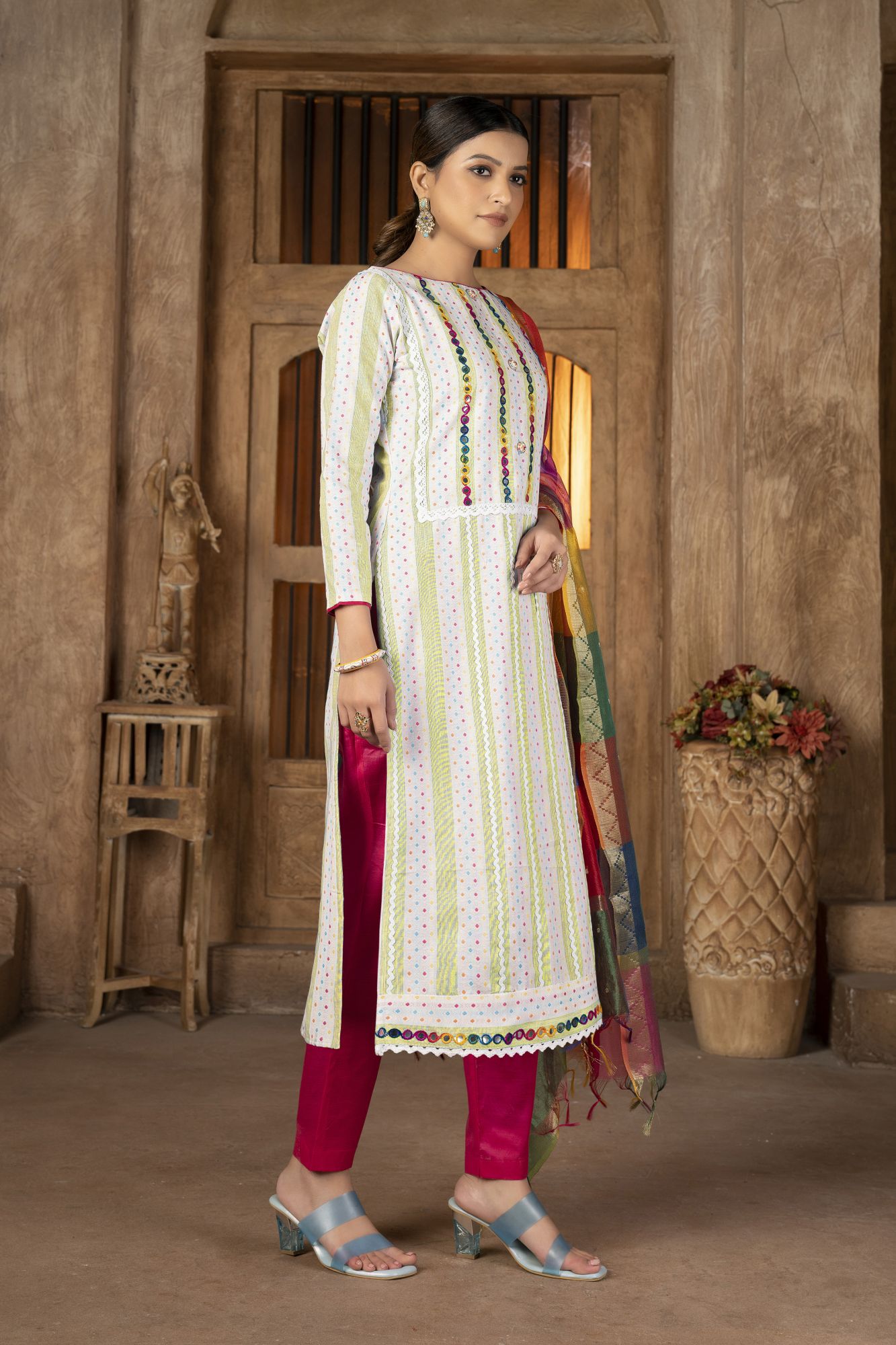 Multi-Colored Cambric Cotton Embroidered Party Festival Pant Salwar Kameez