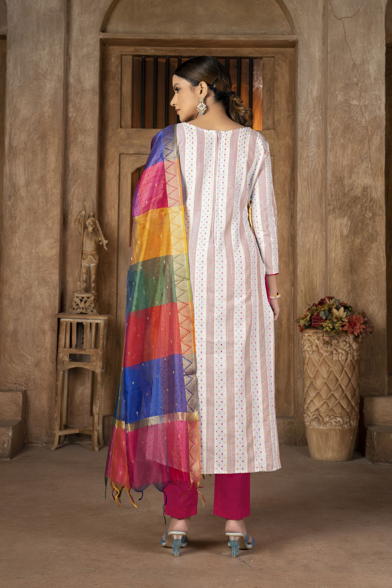 Multi-Colored Cambric Cotton Embroidered Party Festival Pant Salwar Kameez