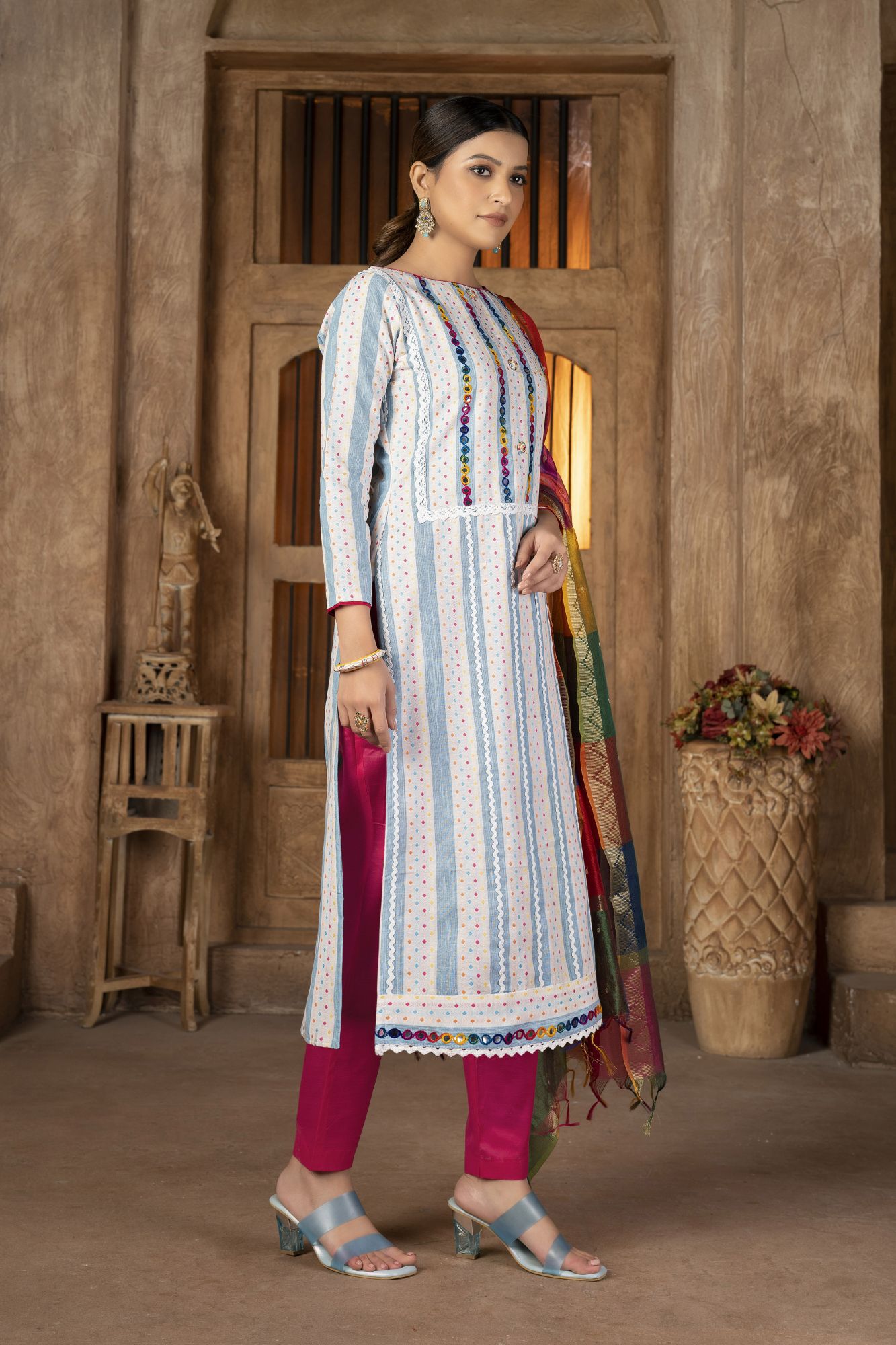 Multi-Colored Cambric Cotton Embroidered Party Festival Pant Salwar Kameez