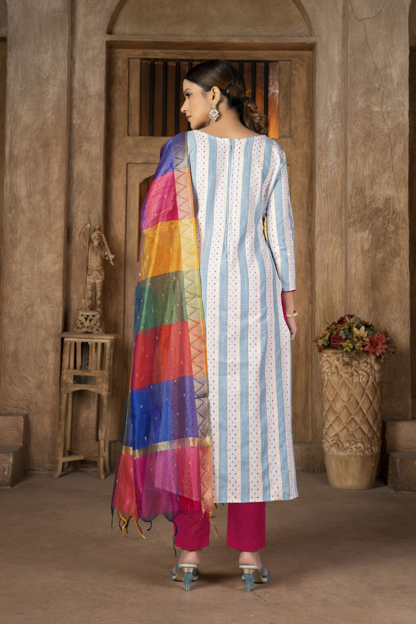 Multi-Colored Cambric Cotton Embroidered Party Festival Pant Salwar Kameez