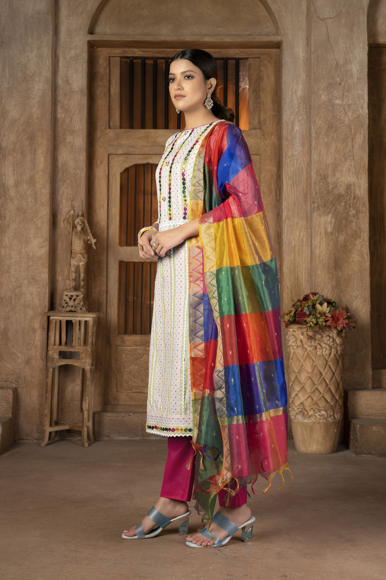 Multi-Colored Cambric Cotton Embroidered Party Festival Pant Salwar Kameez