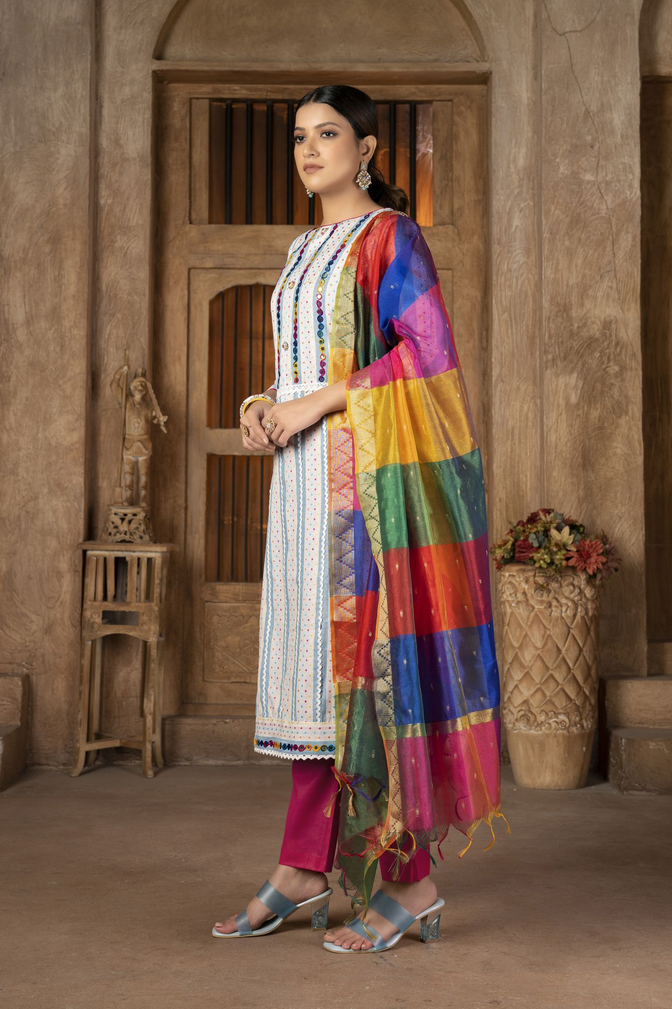 Multi-Colored Cambric Cotton Embroidered Party Festival Pant Salwar Kameez