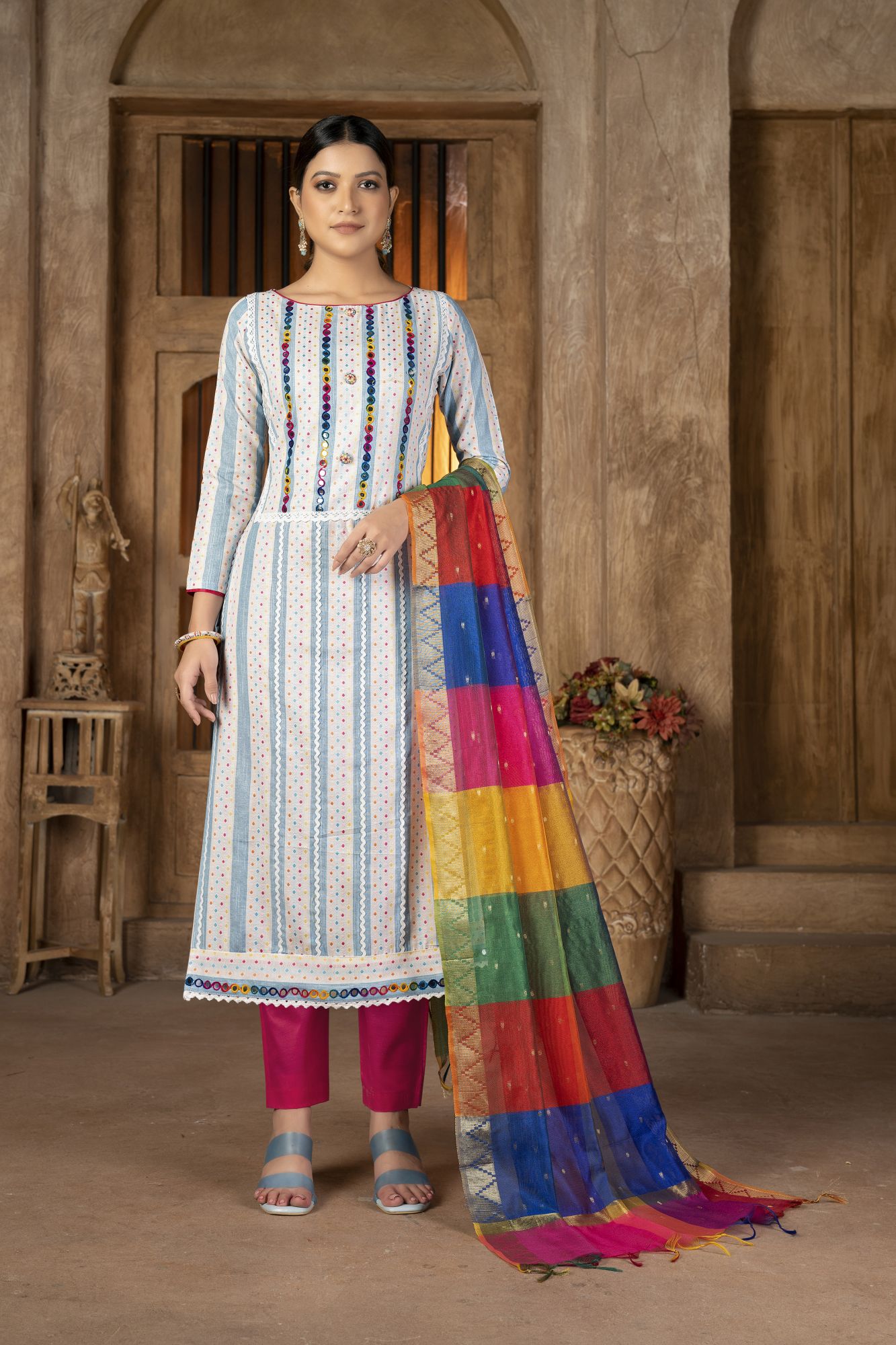 Multi-Colored Cambric Cotton Embroidered Party Festival Pant Salwar Kameez